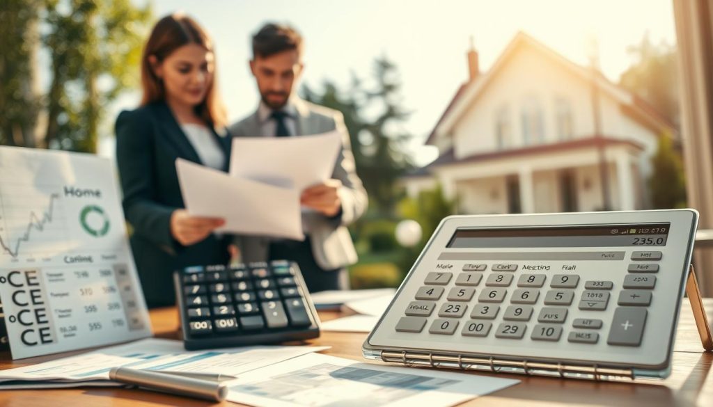 A detailed composition illustrating "home buying costs.” In the foreground, a professional-looking couple in business attire reviews a stack of documents and an open laptop, looking concerned as they examine financial graphs and charts. In the middle ground, a large calculator displays figures associated with home expenses, like closing costs and inspections. To the background, a cozy house is partially visible, creating a connection to the home buying process. The lighting is warm and inviting, resembling late afternoon sunlight filtering through a window, casting gentle shadows. The atmosphere conveys a sense of seriousness and financial awareness, emphasizing the pitfalls and complexities of home buying. Focused, clear angles ensure all elements are crisp, enhancing the scene’s depth and engagement.