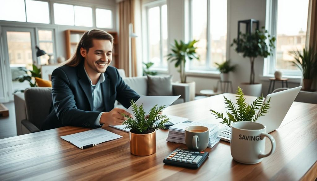 A modern, comfortable living room that embodies the concept of home loan refinancing benefits. In the foreground, a cheerful young couple, dressed in professional business attire, are seated at a sleek wooden table, reviewing documents and a laptop, with smiles of satisfaction. The middle ground features financial documents, a calculator, and a coffee mug labeled "Savings" surrounded by attractive greenery. In the background, large windows let in bright, warm sunlight, illuminating the space, complemented by tasteful decor and a sense of tranquility. The mood is optimistic and inspiring, highlighting financial stability and the advantages of refinancing. Use soft, natural lighting to create an inviting atmosphere, captured from a slightly elevated angle to emphasize the interaction among the couple and their environment.