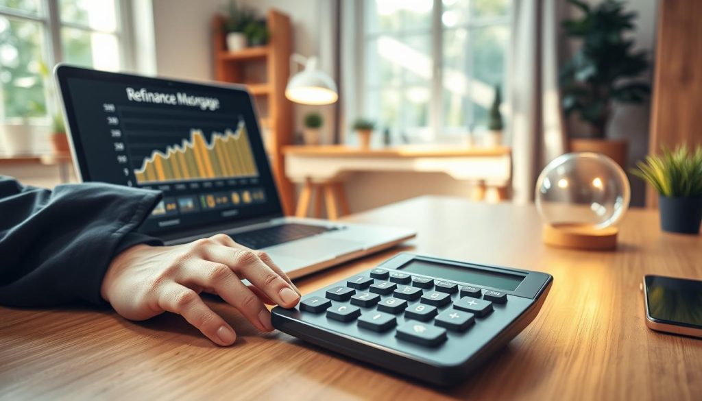 A modern refinance calculator displayed prominently on a sleek, wooden desk, with a glowing laptop showcasing financial graphs and a detailed mortgage breakdown. In the foreground, a pair of hands in professional business attire are poised over the calculator, suggesting active engagement. The middle background features a cozy home office setup, complete with natural wood elements and soft greenery to create a warm atmosphere. Soft, diffused lighting streams in from a window, casting gentle shadows and highlighting the calculator's buttons. The overall mood conveys a sense of professionalism and tranquility, instilling confidence in the finance and home loan process. The scene is meticulously organized, ensuring clarity and focus on the calculator and its operational details.