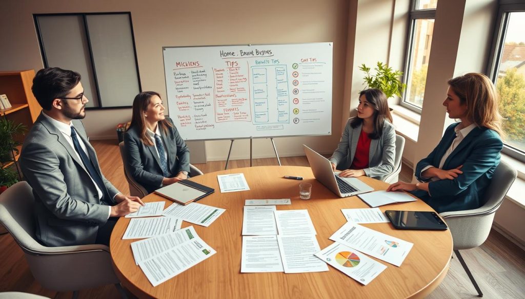 A neatly arranged office scene illustrating the home buying process, focusing on a round table in the foreground where a diverse group of professionals, including a real estate agent in a tailored suit and a financial advisor with a smart casual look, are engaged in a serious discussion. On the table, various documents and a laptop are visible, representing comprehensive checklists and tips. In the middle ground, a large whiteboard is covered with colorful notes and diagrams outlining common missteps in home buying. In the background, large windows let in warm, natural light, creating an inviting atmosphere. The overall mood is professional and focused, emphasizing collaboration and clear communication. The camera angle is slightly above, giving a bird’s-eye view of the discussion, while still showcasing the details on the table and board.