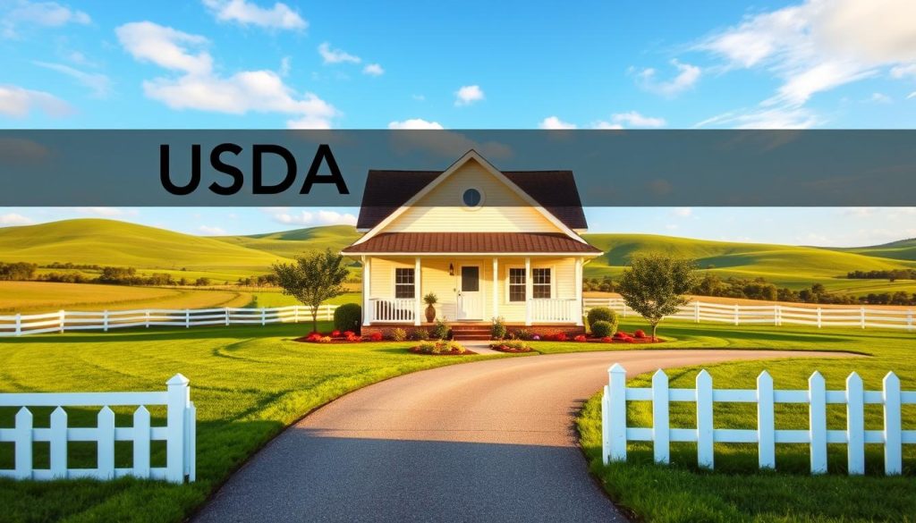 A picturesque rural home in a serene countryside setting, embodying USDA loan property requirements. In the foreground, a charming single-family house with a welcoming porch, surrounded by a well-maintained lawn and colorful landscaping. In the middle ground, a small garden and a driveway leading to the house, lined with white picket fencing. The background features rolling green hills under a bright blue sky, with soft clouds drifting by. The lighting is warm and inviting, reflecting a sunny afternoon. The scene is captured from a slightly elevated angle, providing a comprehensive view of the property while maintaining a focus on the inviting entrance. The mood is hopeful and promising, symbolizing affordable homeownership in rural areas.