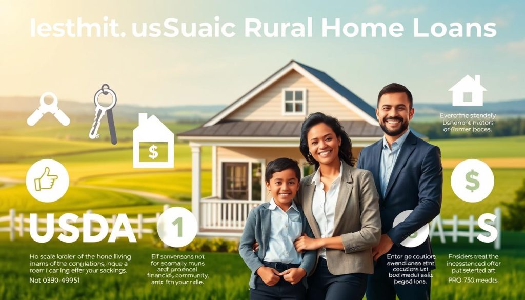A visually engaging infographic illustrating the benefits of USDA Rural Home Loans. In the foreground, display a smiling diverse family in professional business attire, standing in front of a charming, modern rural home with a welcoming porch. In the middle ground, include symbols of homeownership like keys, a house silhouette, and dollar signs to represent affordability. In the background, depict a tranquil rural landscape with green fields and a clear sky, suggesting a peaceful and community-oriented lifestyle. Utilize natural lighting to evoke warmth and optimism, with a soft focus on the characters while keeping the background crisp. The overall mood is hopeful and inviting, emphasizing financial freedom and stability in rural living.